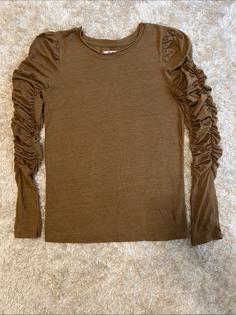 Free People Brown Ruched-Sleeve Long Sleeve Top